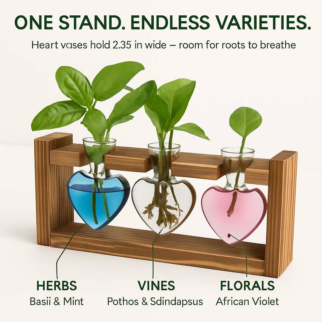 Heart Vase Plant Terrarium Station with Wood Stand