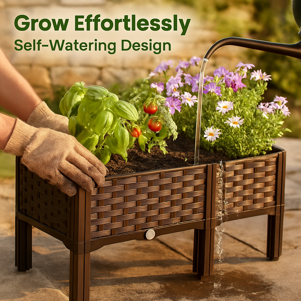 Outdoor Raised Garden Bed with Legs Elevated Planter Box with Self-watering System for Garden Patio Balcony Vegetables Flowers Herbs PP Plastic Box Ea