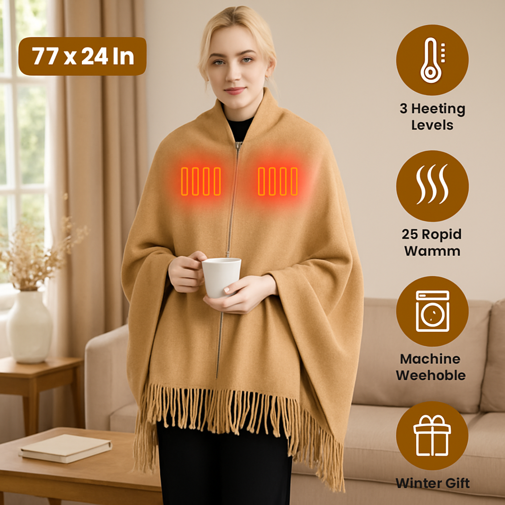 77x24In USB Heated Shawl with Teasel Wearable Heating Blanket Electric Throw Wrap Indoor Outdoor with Zipper 3 Heating Levels Machine Washable for Out