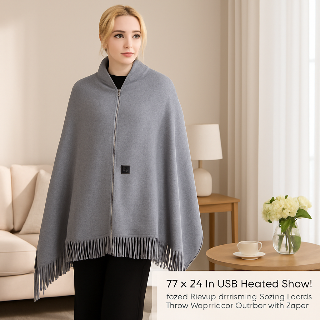 77x24In USB Heated Shawl with Teasel Wearable Heating Blanket Electric Throw Wrap Indoor Outdoor with Zipper 3 Heating Levels Machine Washable for Out