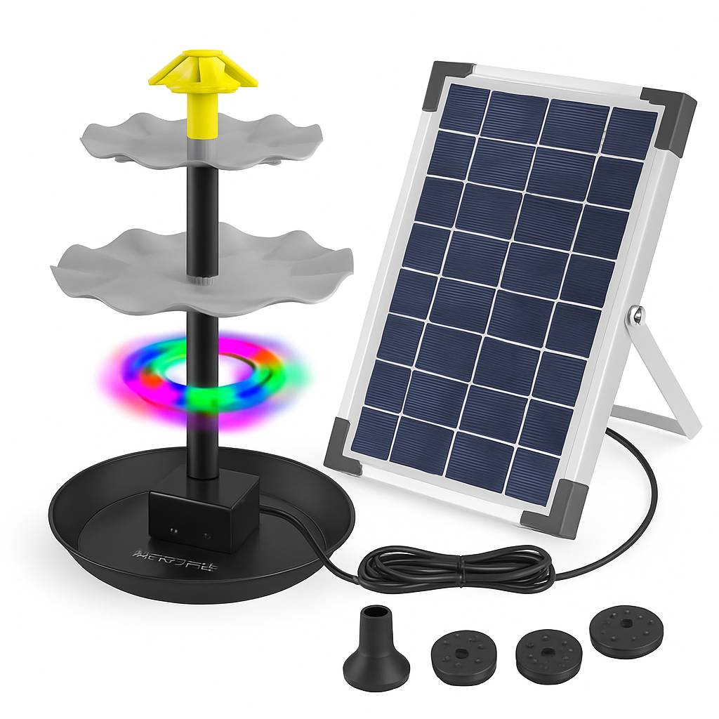 3-Tier Solar Bird Bath Fountain Solar Powered Water Pump Waterfall Feature with Colorful Light 3 Nozzles 6W Solar Panel for Bird Bath Patio Yard Pond