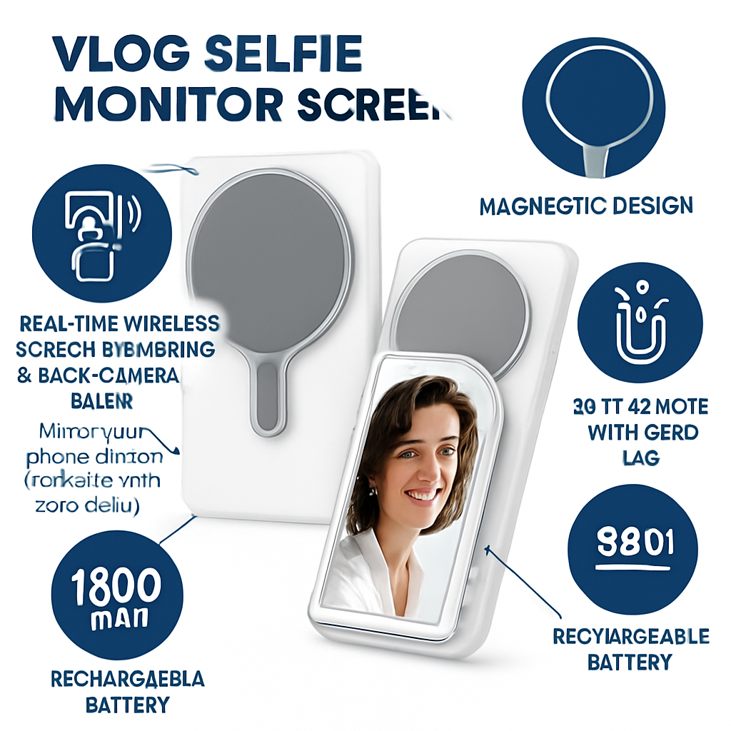 Vlog Selfie Monitor Screen Magnetic Rear Camera Phone Monitor Wireless Selfie Monitor Screen with 33FT Remote for Vlog Live Stream Compatible with IOS