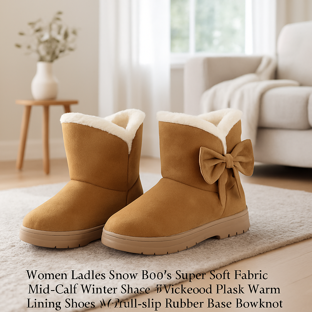 Women Ladies Snow Boots Super Soft Fabric Mid-Calf Winter Shoes Thickened Plush Warm Lining Shoes w/ Anti-slip Rubber Base Bowknot