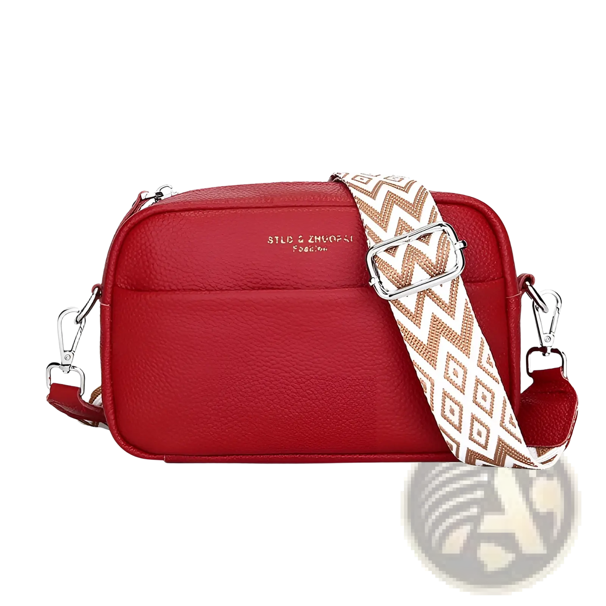 Genuine Leather Crossbody Bag with Geometric Pattern Strap