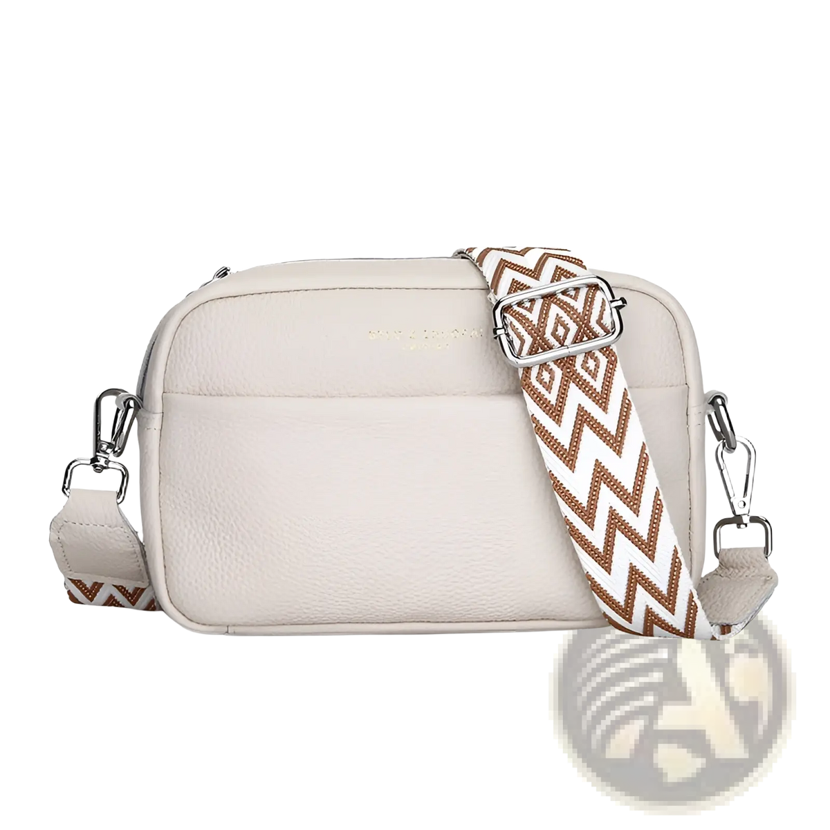 Genuine Leather Crossbody Bag with Geometric Pattern Strap