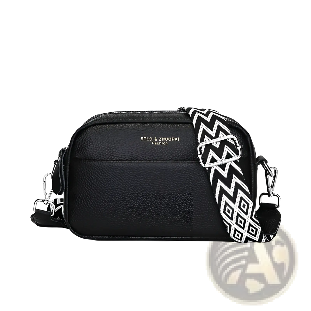 Genuine Leather Crossbody Bag with Geometric Pattern Strap