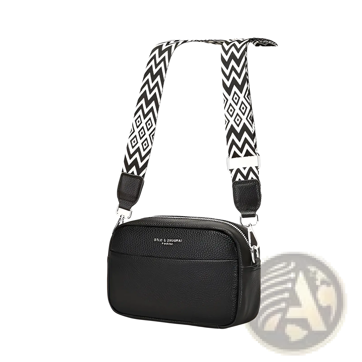 Genuine Leather Crossbody Bag with Geometric Pattern Strap