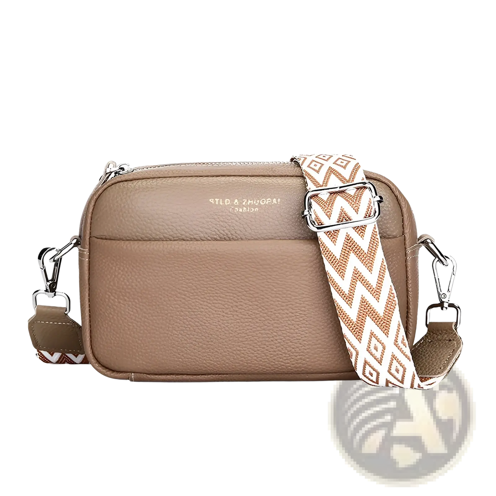 Genuine Leather Crossbody Bag with Geometric Pattern Strap