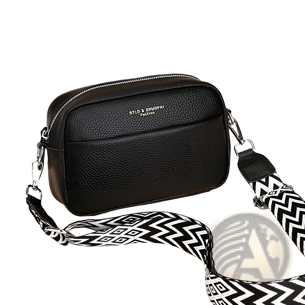 Genuine Leather Crossbody Bag with Geometric Pattern Strap