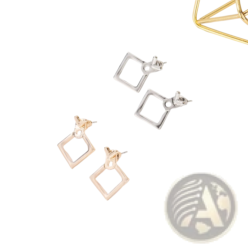 Geometric Gold Arrow and Hollow Square Stud Earrings