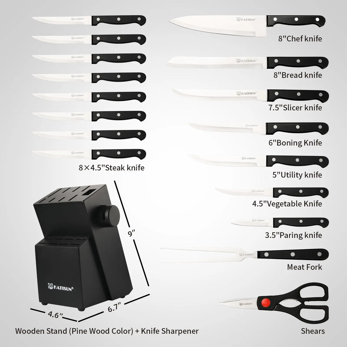 German Steel Knife Set 19 Piece with Sharpener Block