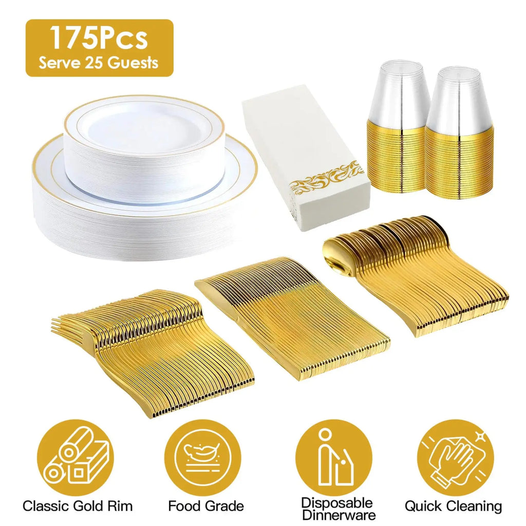 Gold Dinnerware Set 175pcs Disposable Service for 25