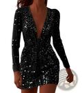 Gold Sequin Deep v Mini Dress with Sheer Long Sleeves