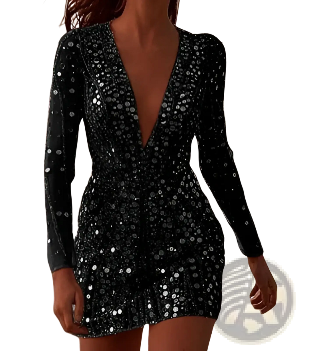 Gold Sequin Deep v Mini Dress with Sheer Long Sleeves