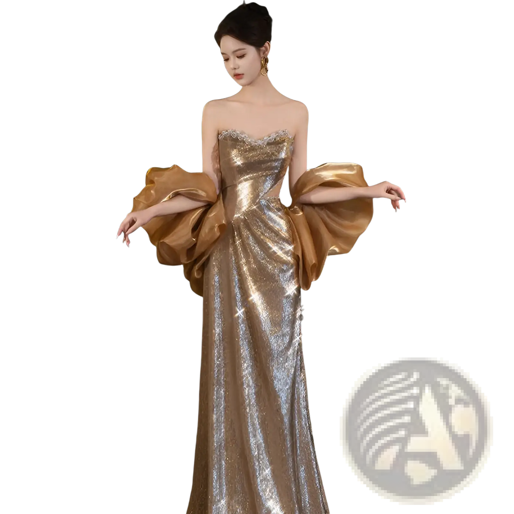 Gold Sequin Evening Gown with Dramatic Satin Puff Sleeves