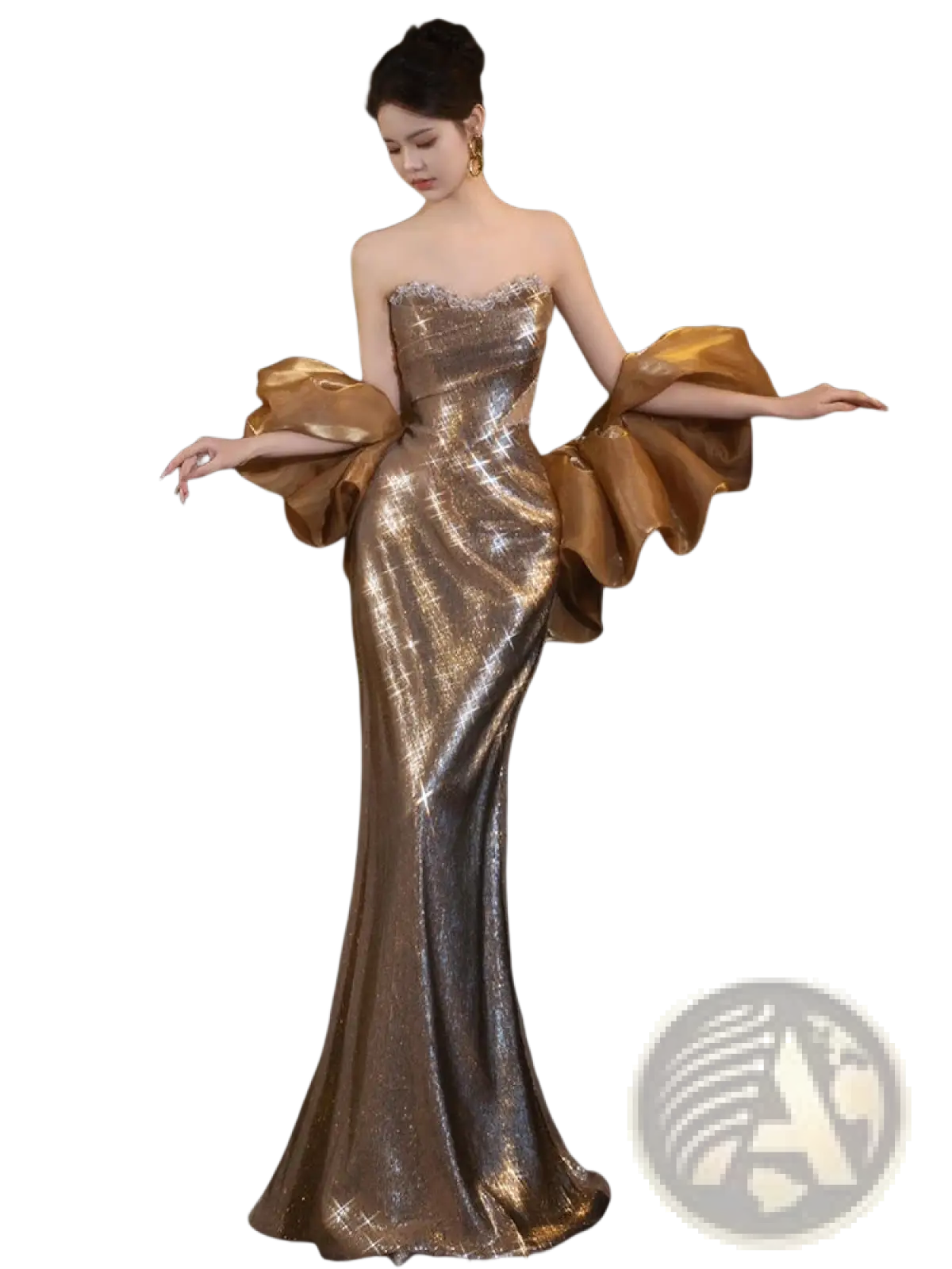 Gold Sequin Evening Gown with Dramatic Satin Puff Sleeves