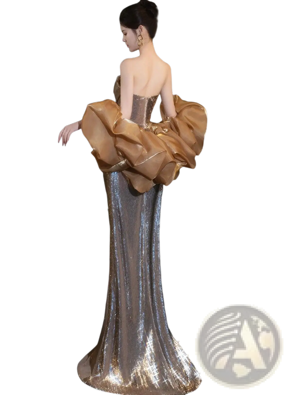 Gold Sequin Evening Gown with Dramatic Satin Puff Sleeves