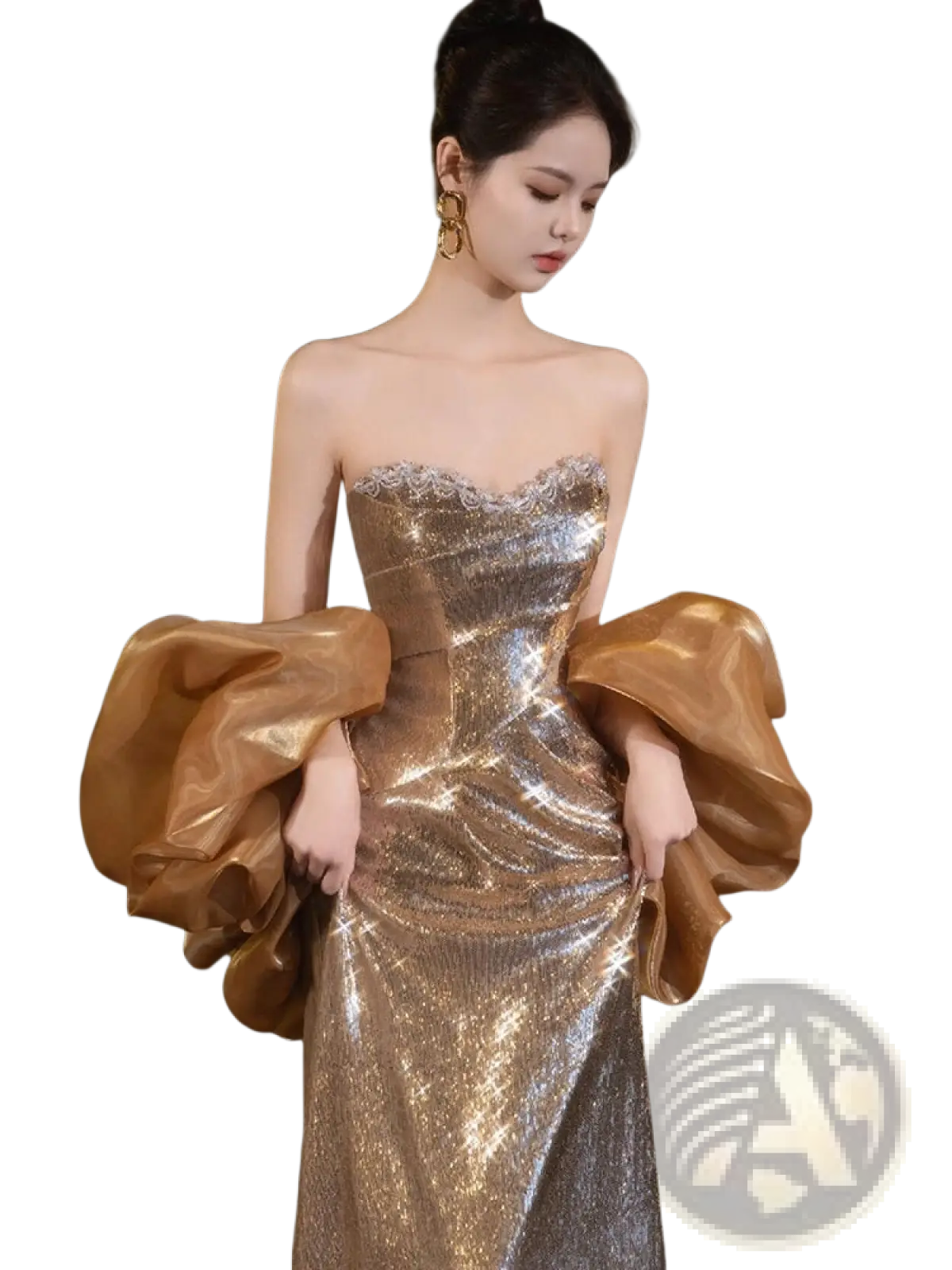 Gold Sequin Evening Gown with Dramatic Satin Puff Sleeves