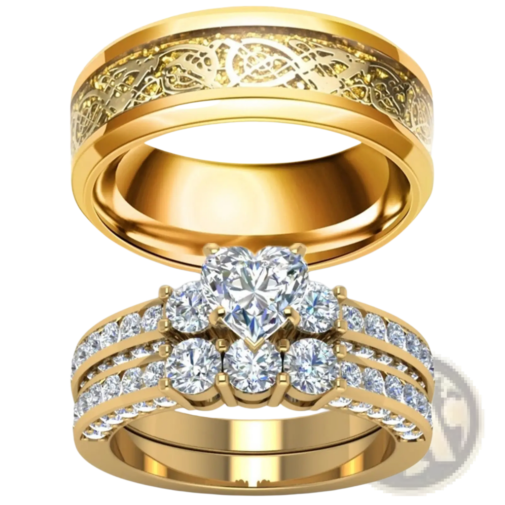 Gold Zircon Inlaid Stainless Steel Couple Ring Set