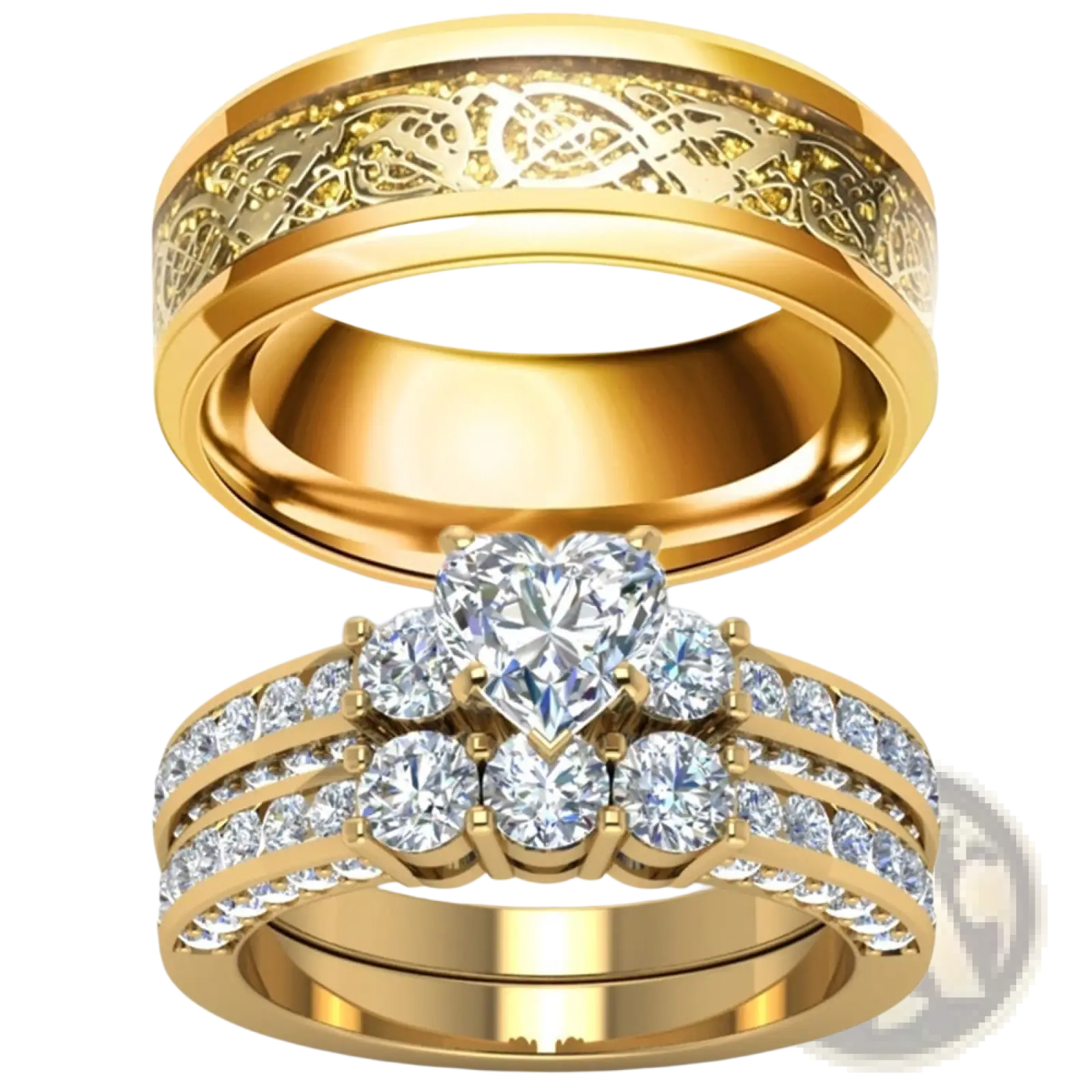 Gold Zircon Inlaid Stainless Steel Couple Ring Set