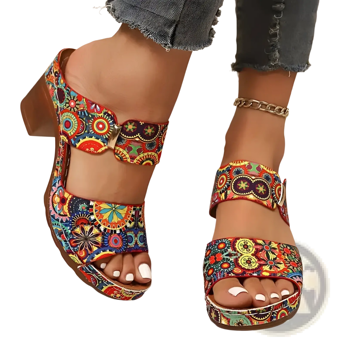 Graffiti High Heel Slide Sandals with Buckle