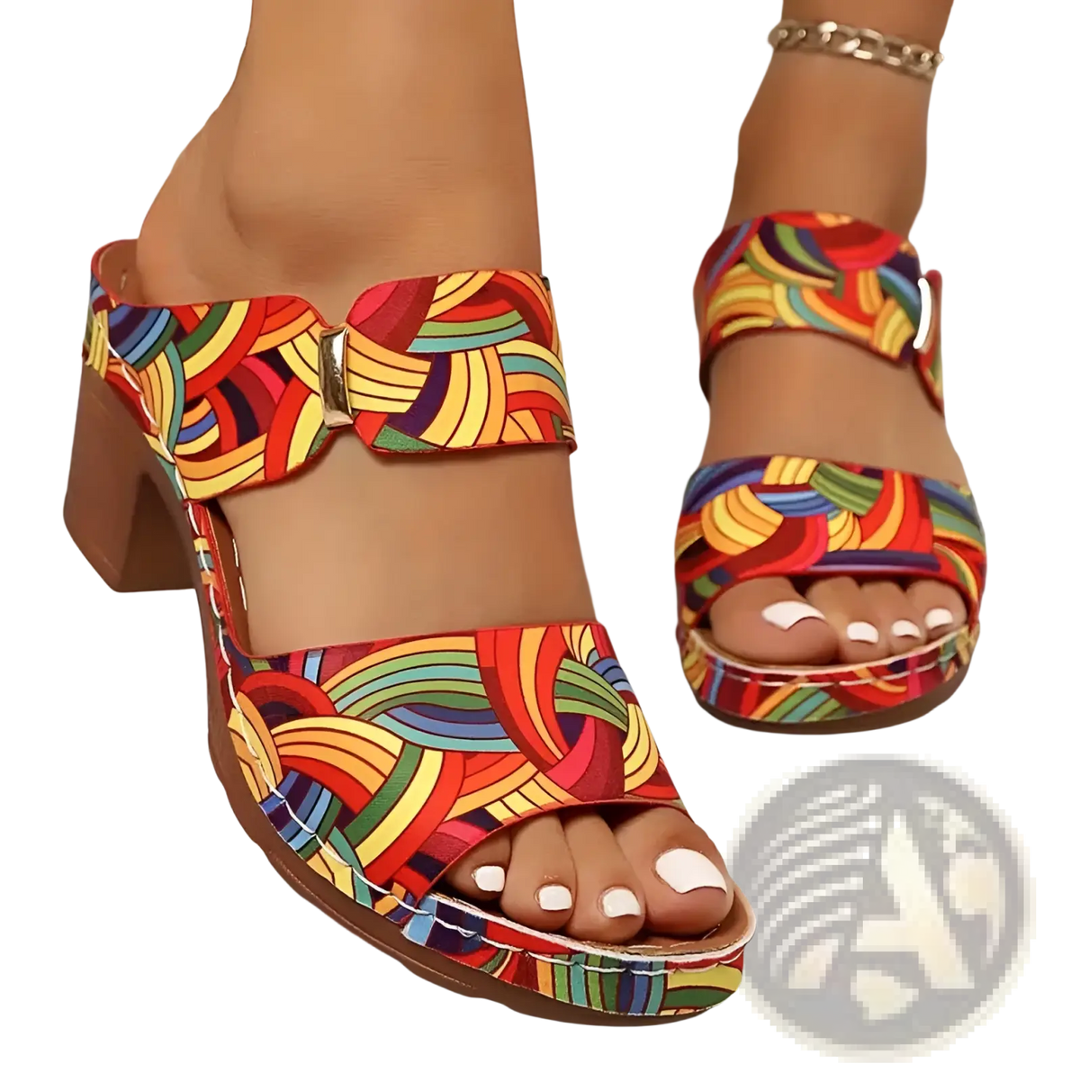 Graffiti High Heel Slide Sandals with Buckle
