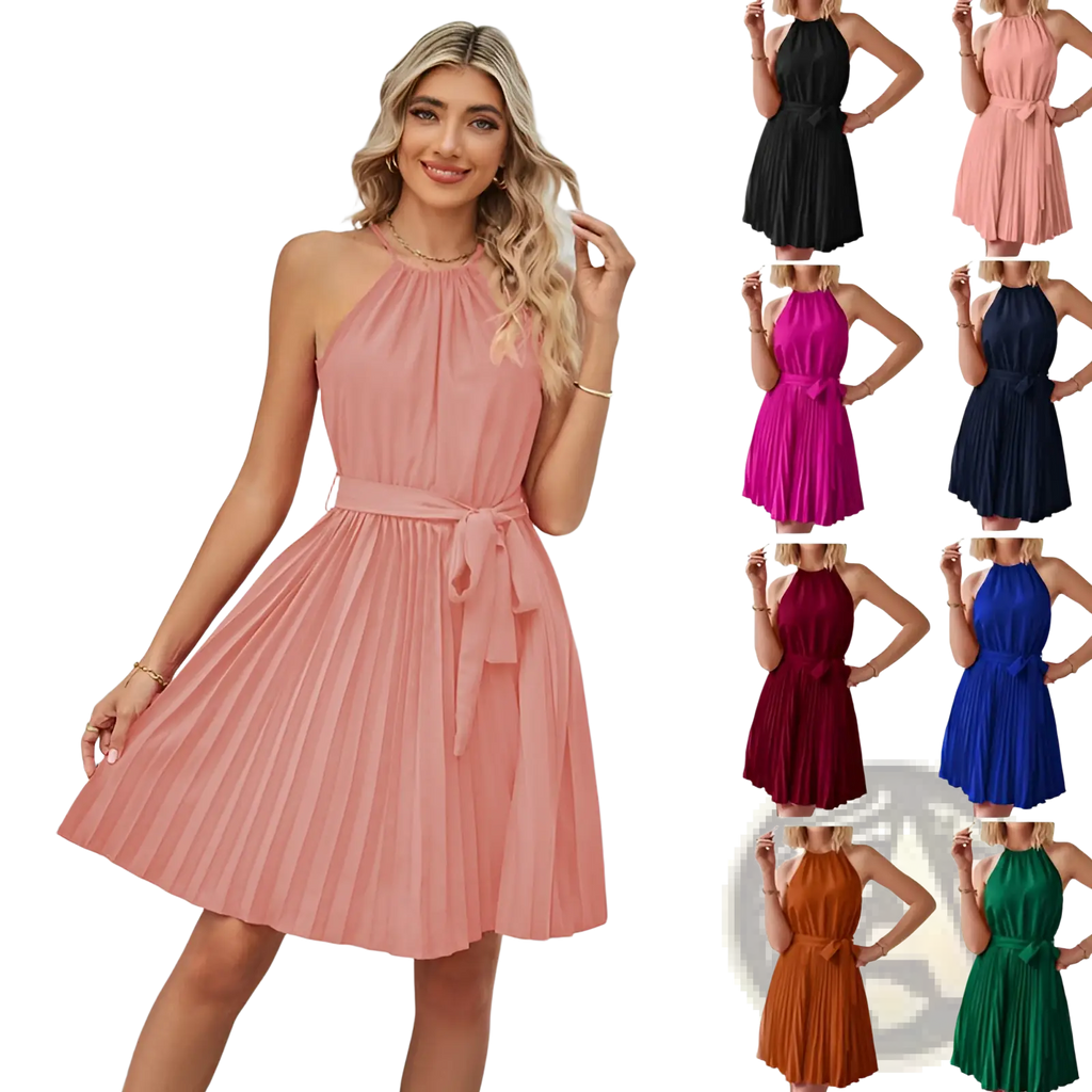Halter Neck Pleated Chiffon Mini Dress with Belt