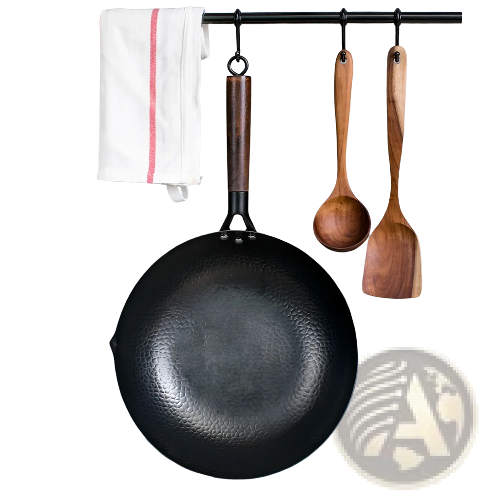 Handmade Iron Wok with Wooden Handle and Glass Lid
