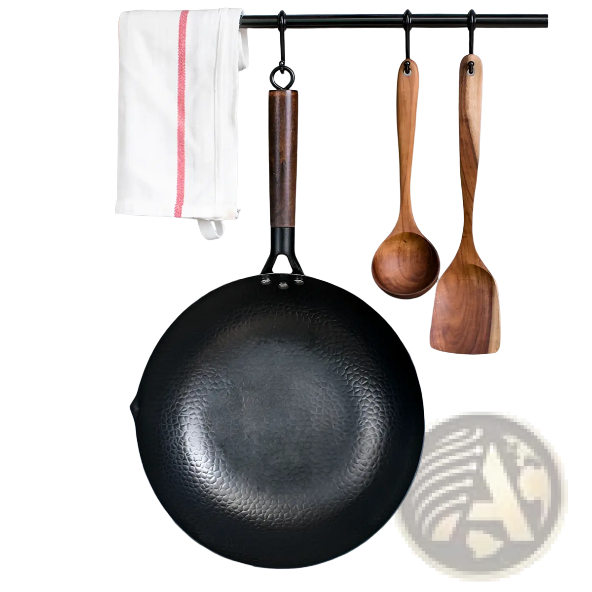Handmade Iron Wok with Wooden Handle and Glass Lid
