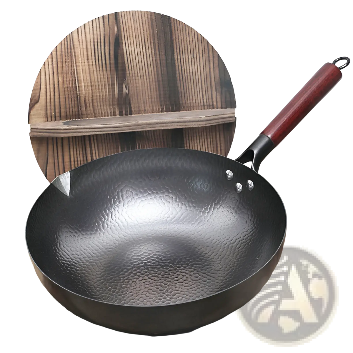 Handmade Iron Wok with Wooden Handle and Glass Lid
