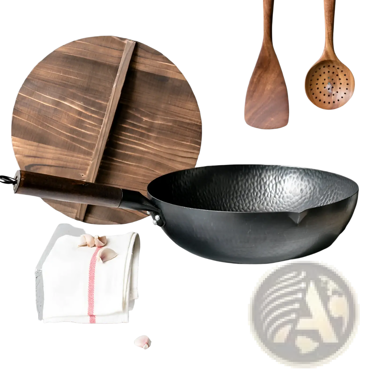 Handmade Iron Wok with Wooden Handle and Glass Lid