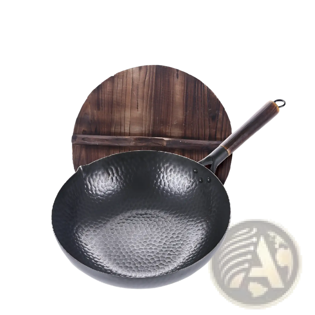 Handmade Iron Wok with Wooden Handle and Glass Lid