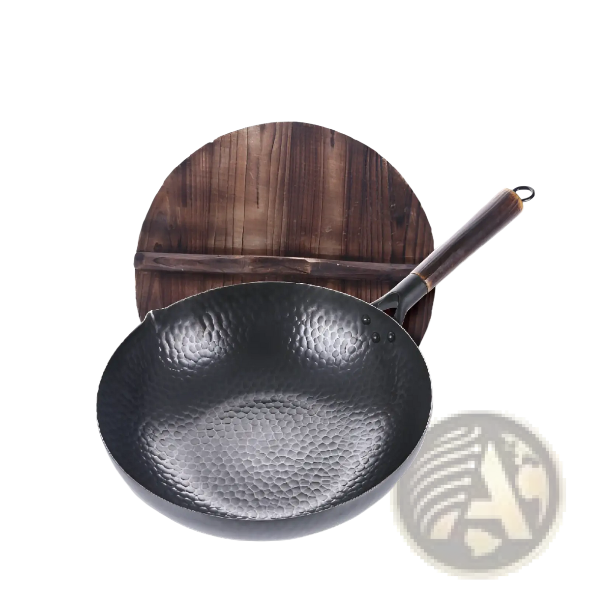 Handmade Iron Wok with Wooden Handle and Glass Lid