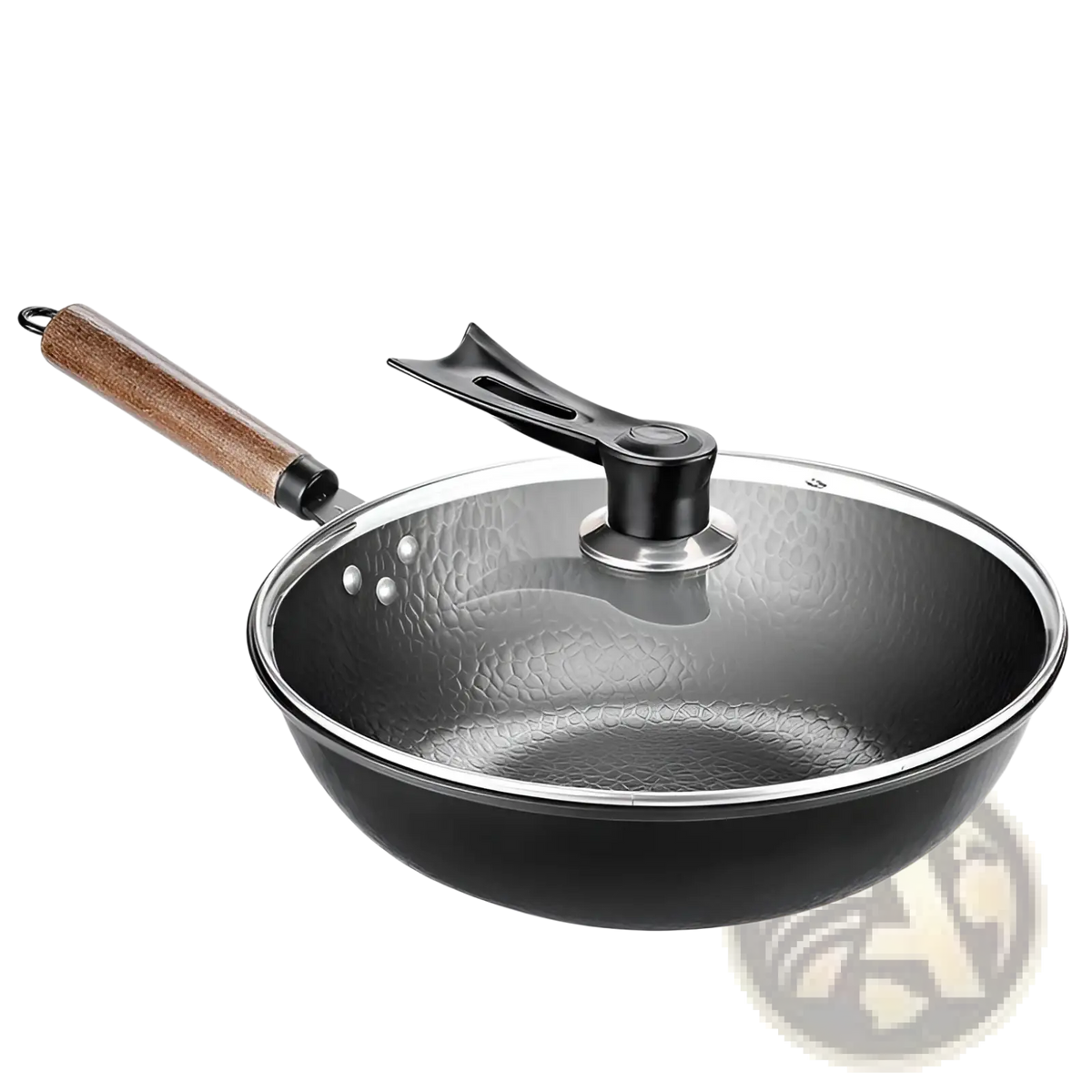 Handmade Iron Wok with Wooden Handle and Glass Lid