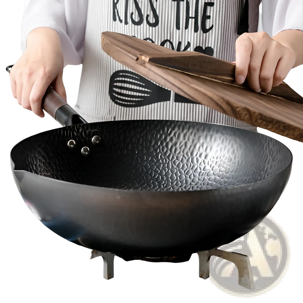 Handmade Iron Wok with Wooden Handle and Glass Lid
