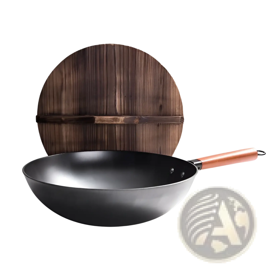 Handmade Iron Wok with Wooden Handle and Glass Lid