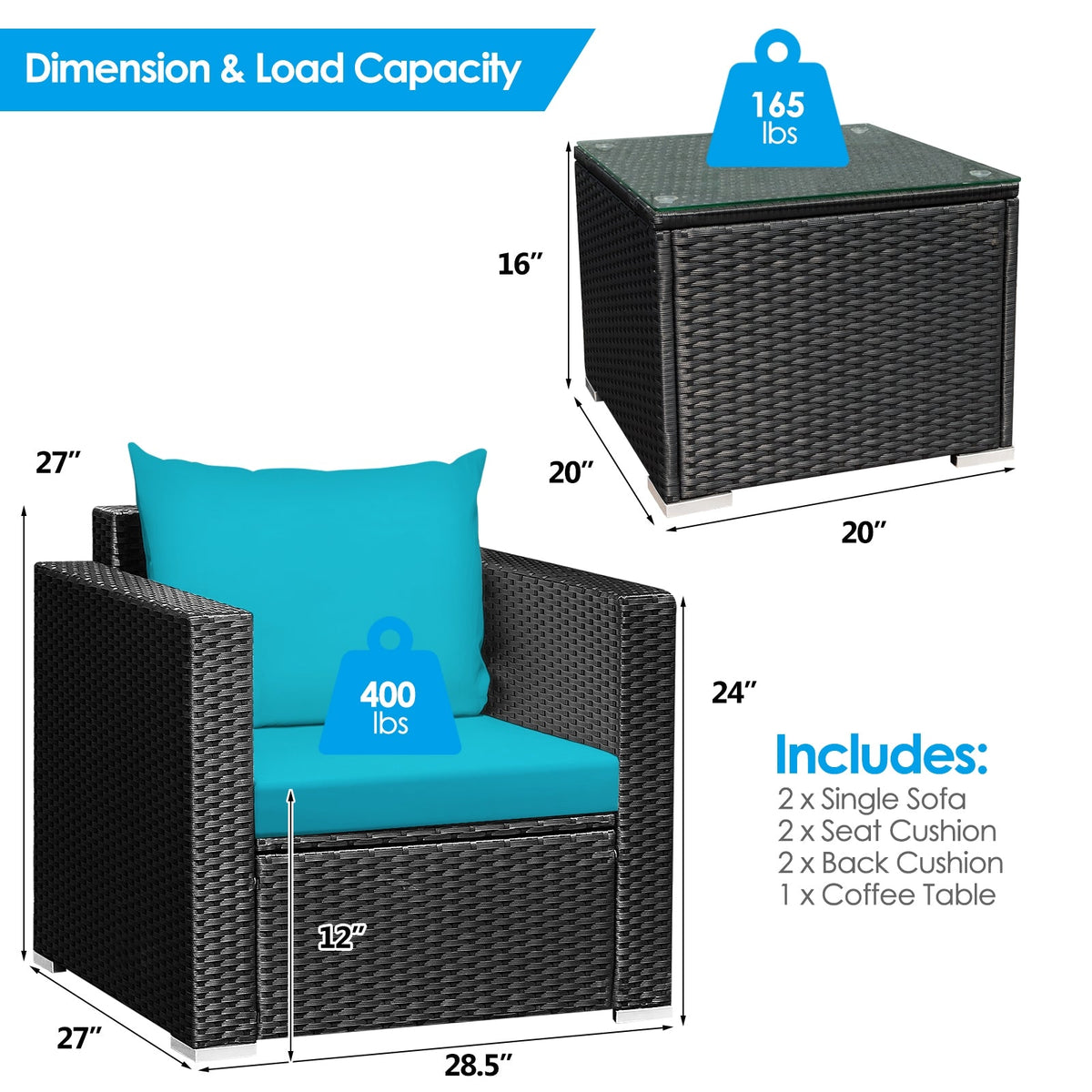3 Pieces Patio Wicker Conversation Set with Cushion