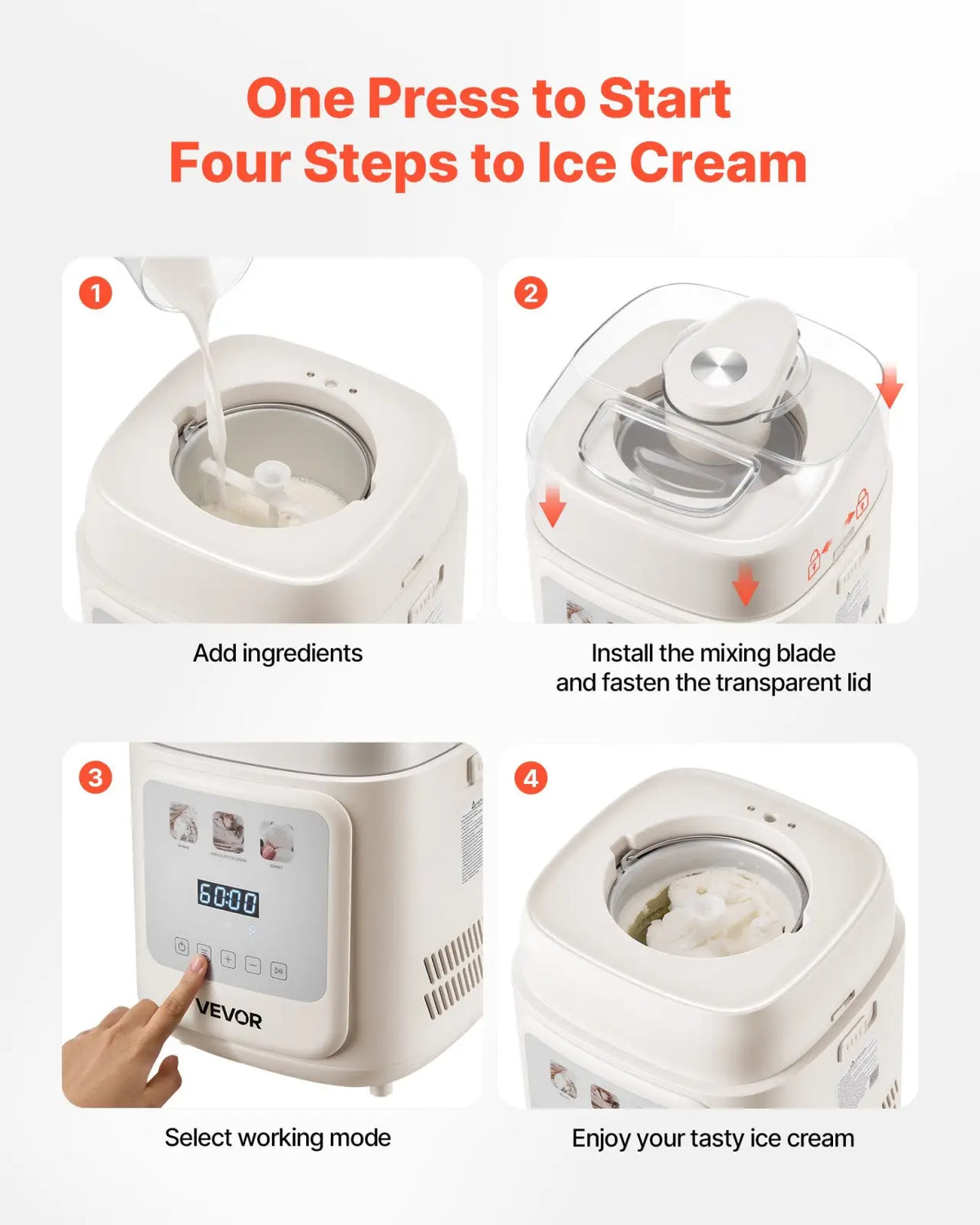 Ice Cream Maker with Compressor 1 Quart 4 in 1 White