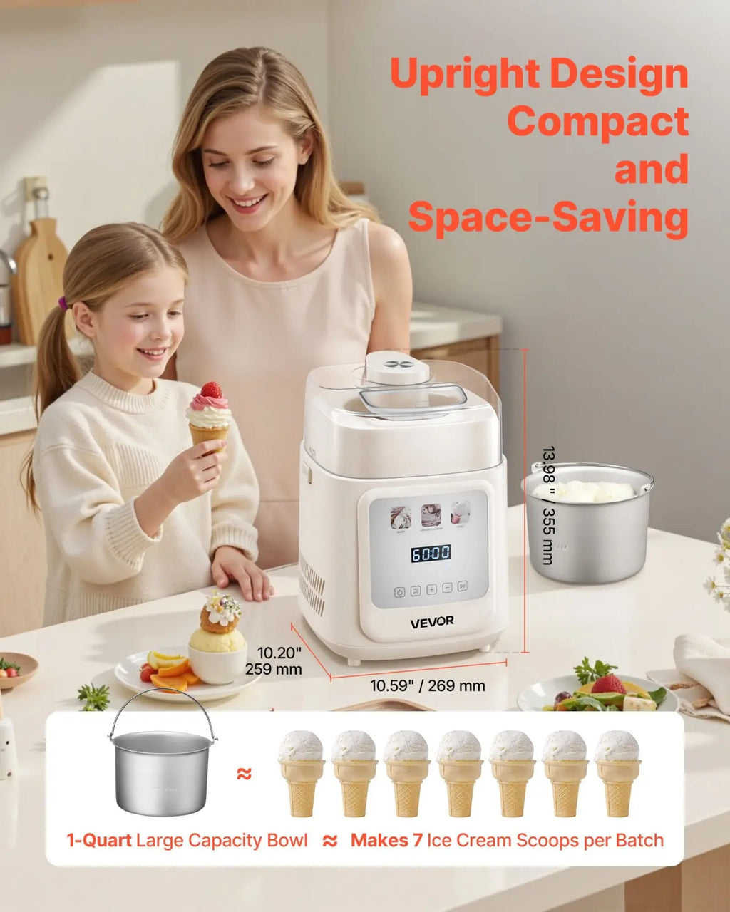 Ice Cream Maker with Compressor 1 Quart 4 in 1 White