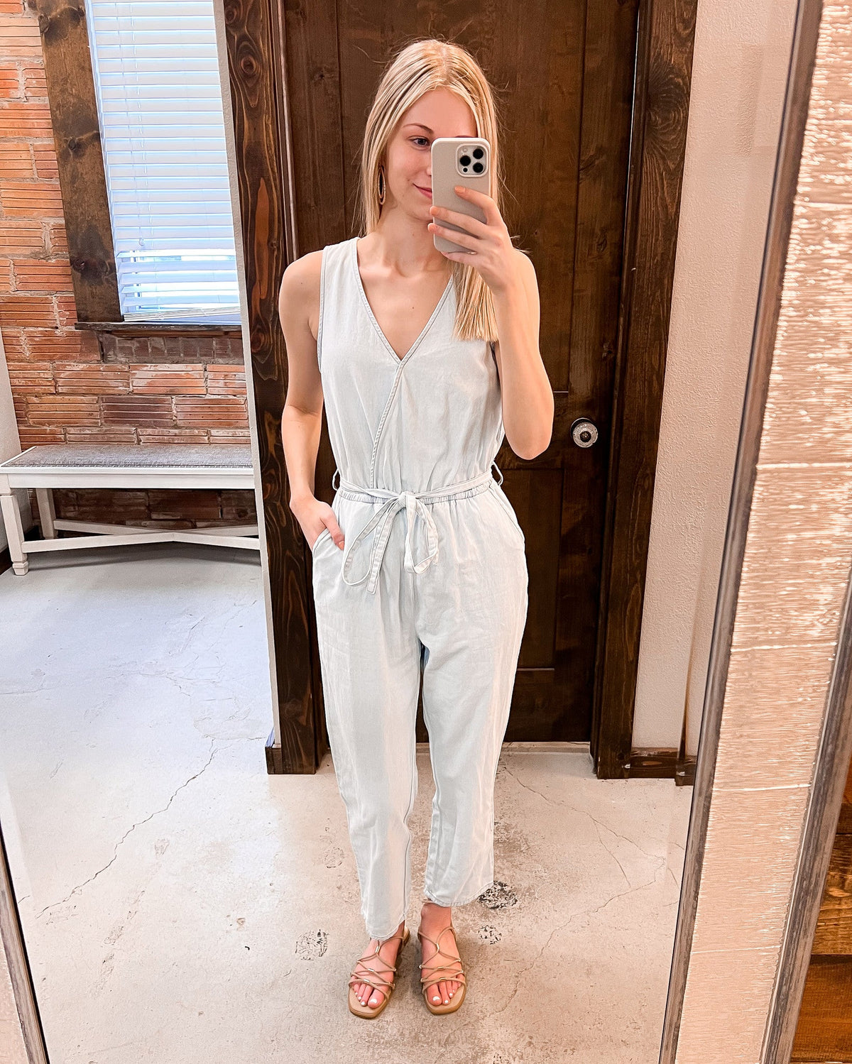 Pocketed Chambray Sleeveless Jumpsuit