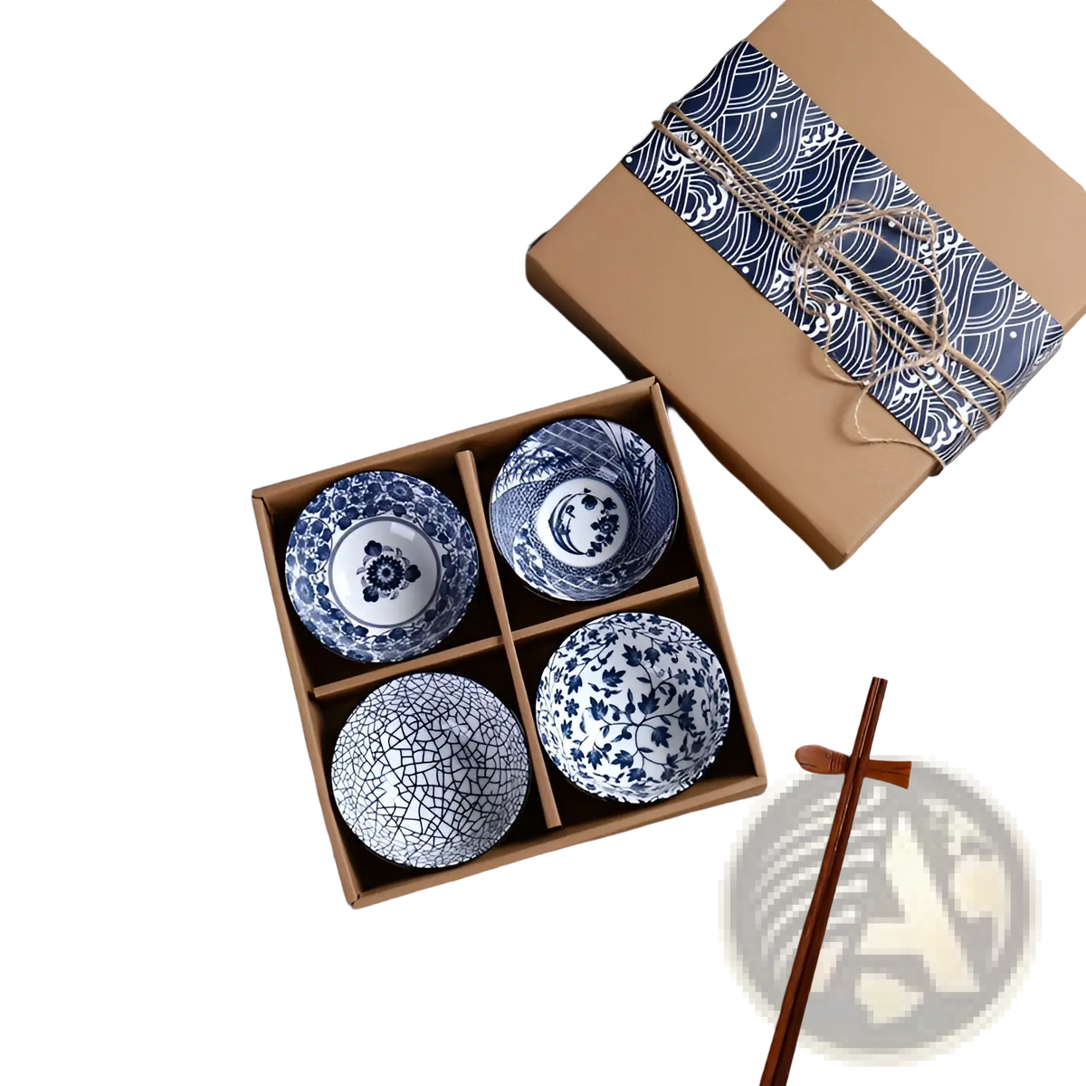 Japanese Tableware Set Blue Ceramic Floral Bowl 10 Piece