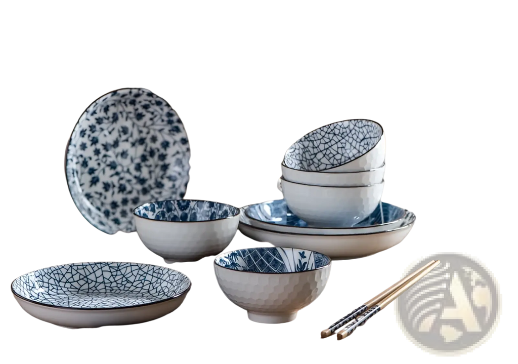 Japanese Tableware Set Blue Ceramic Floral Bowl 10 Piece