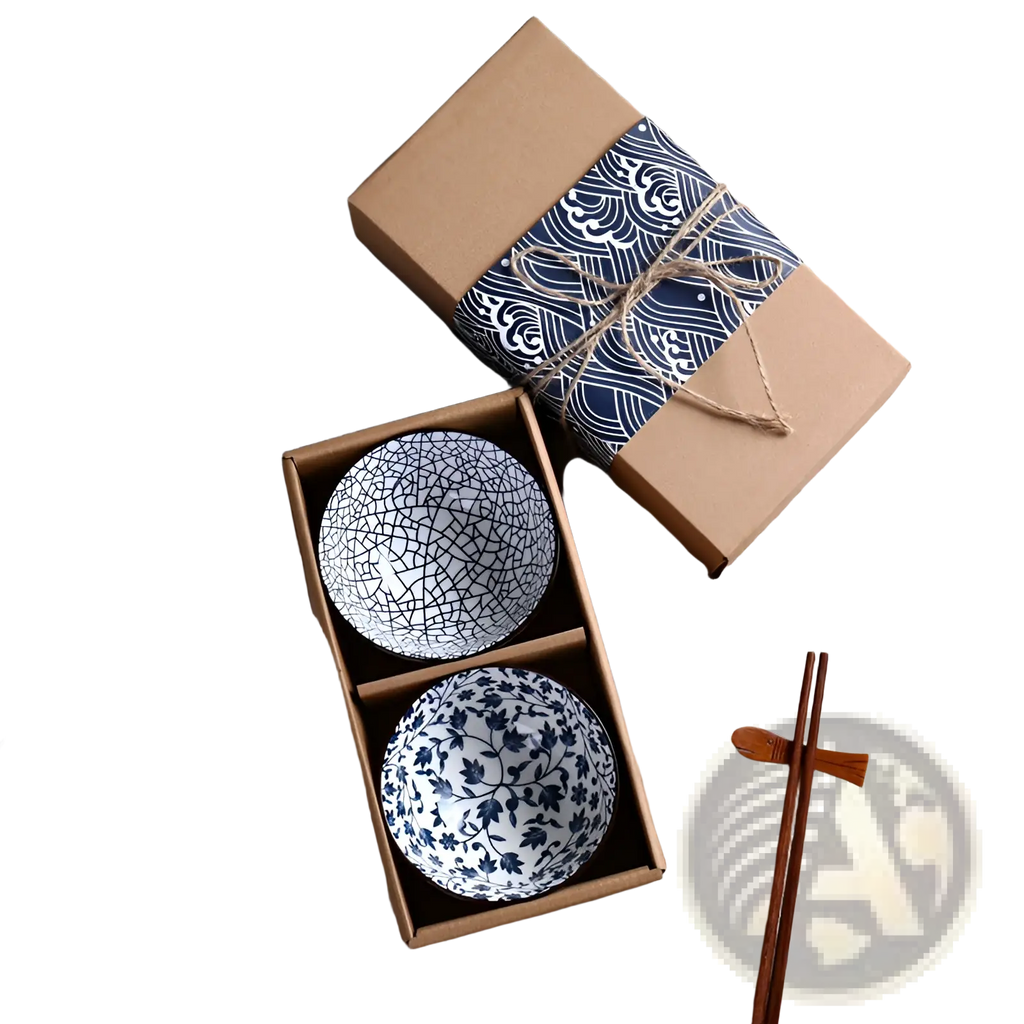 Japanese Tableware Set Blue Ceramic Floral Bowl 10 Piece