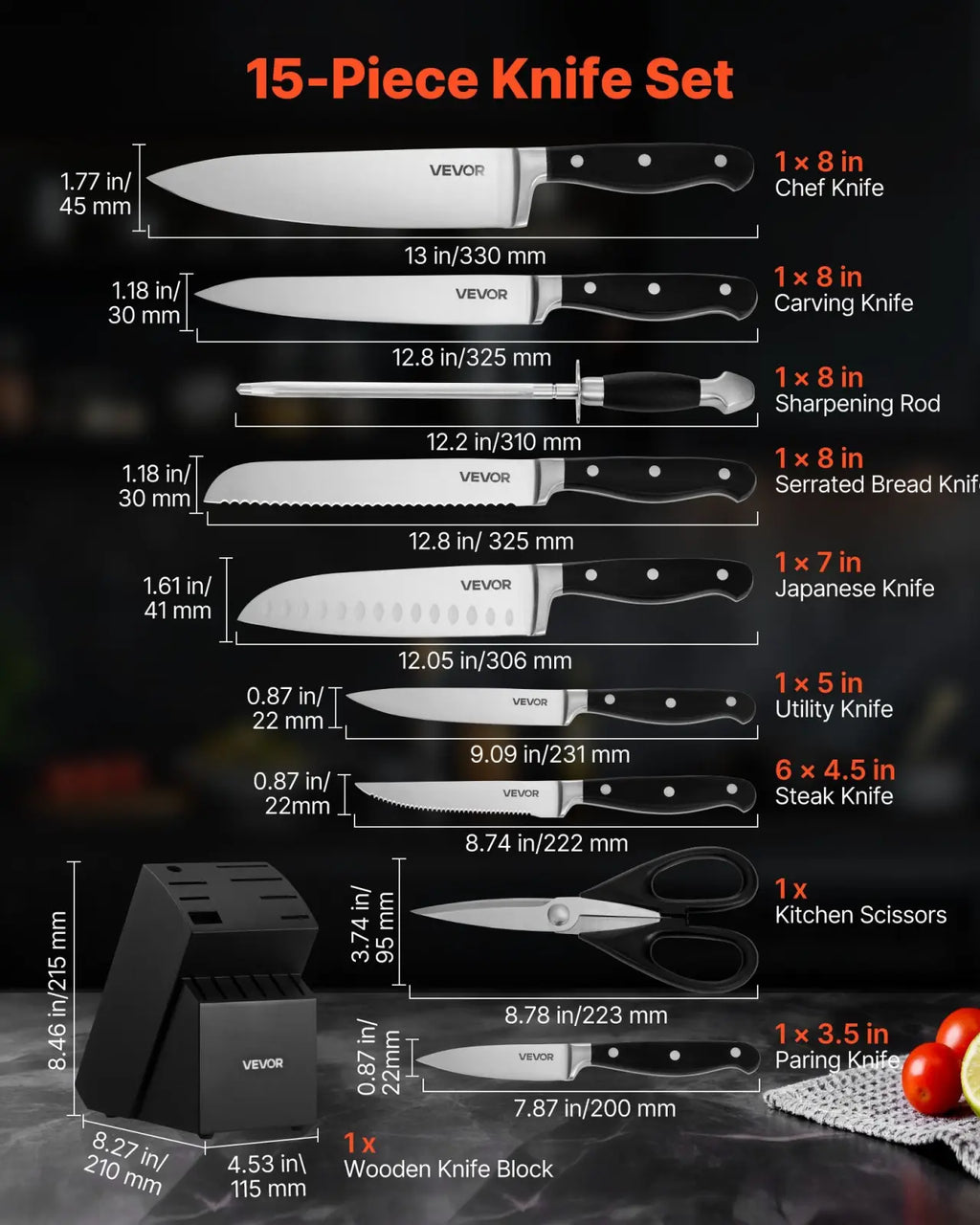 Kitchen Knife Set 15 Piece High Carbon Stainless Steel