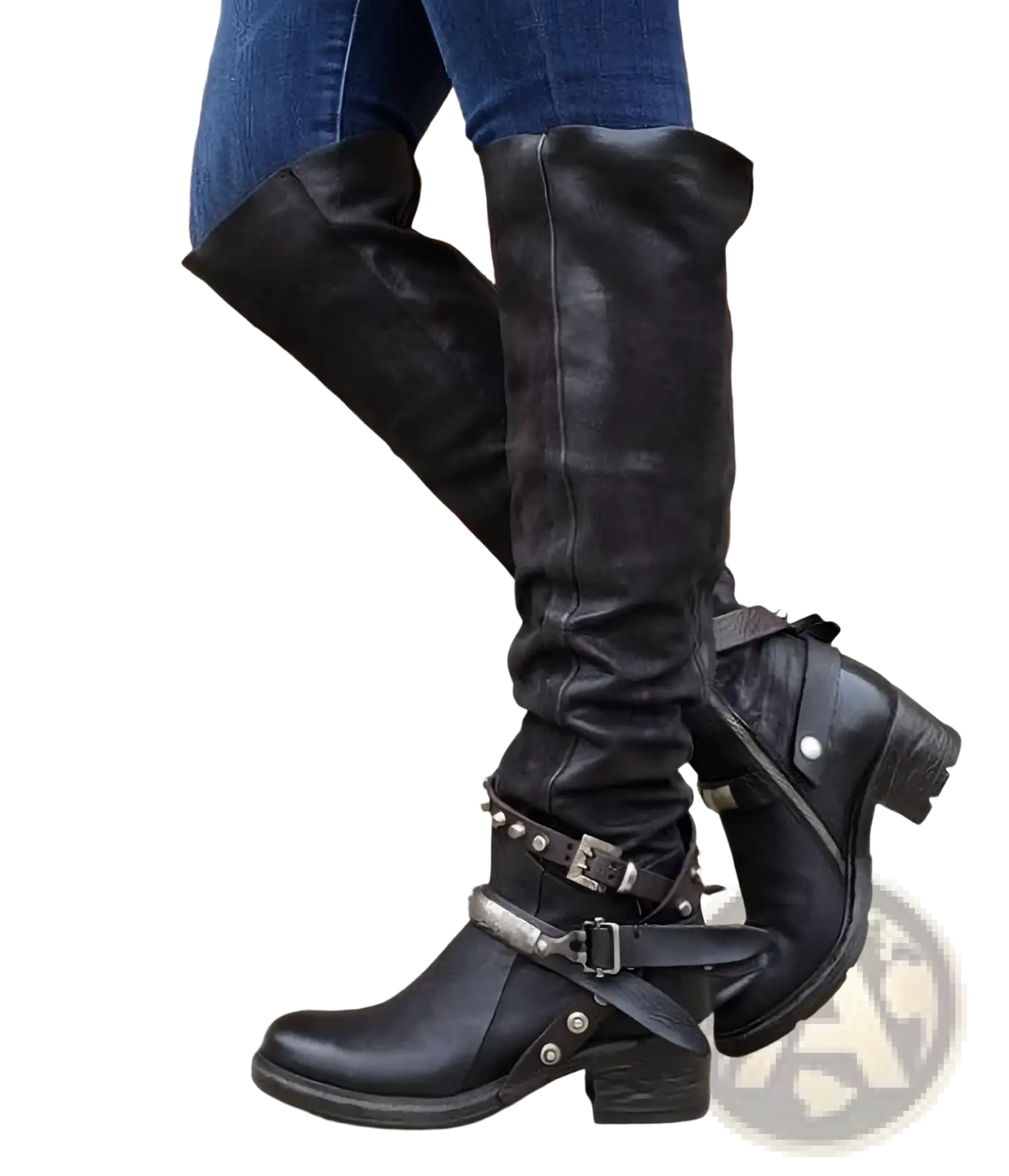 Knight Boots Women's Buckle Strap Chunky Heel Suede