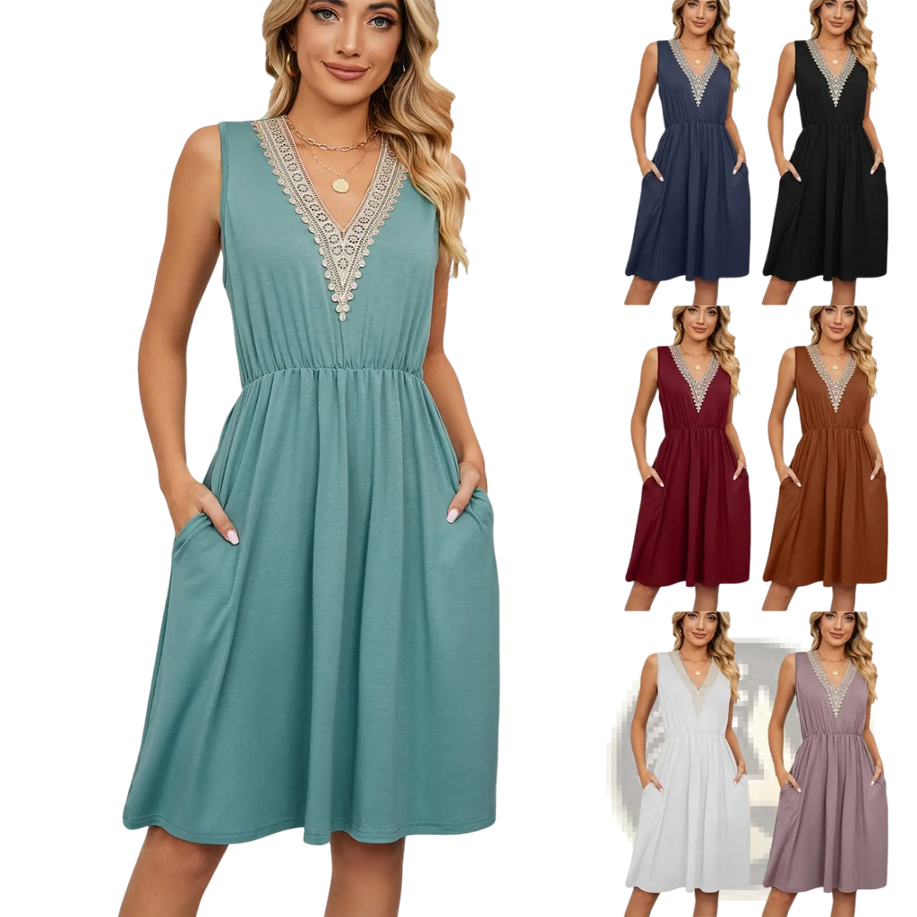 Lace Trim V-neck Sleeveless A-line Dress with Pockets