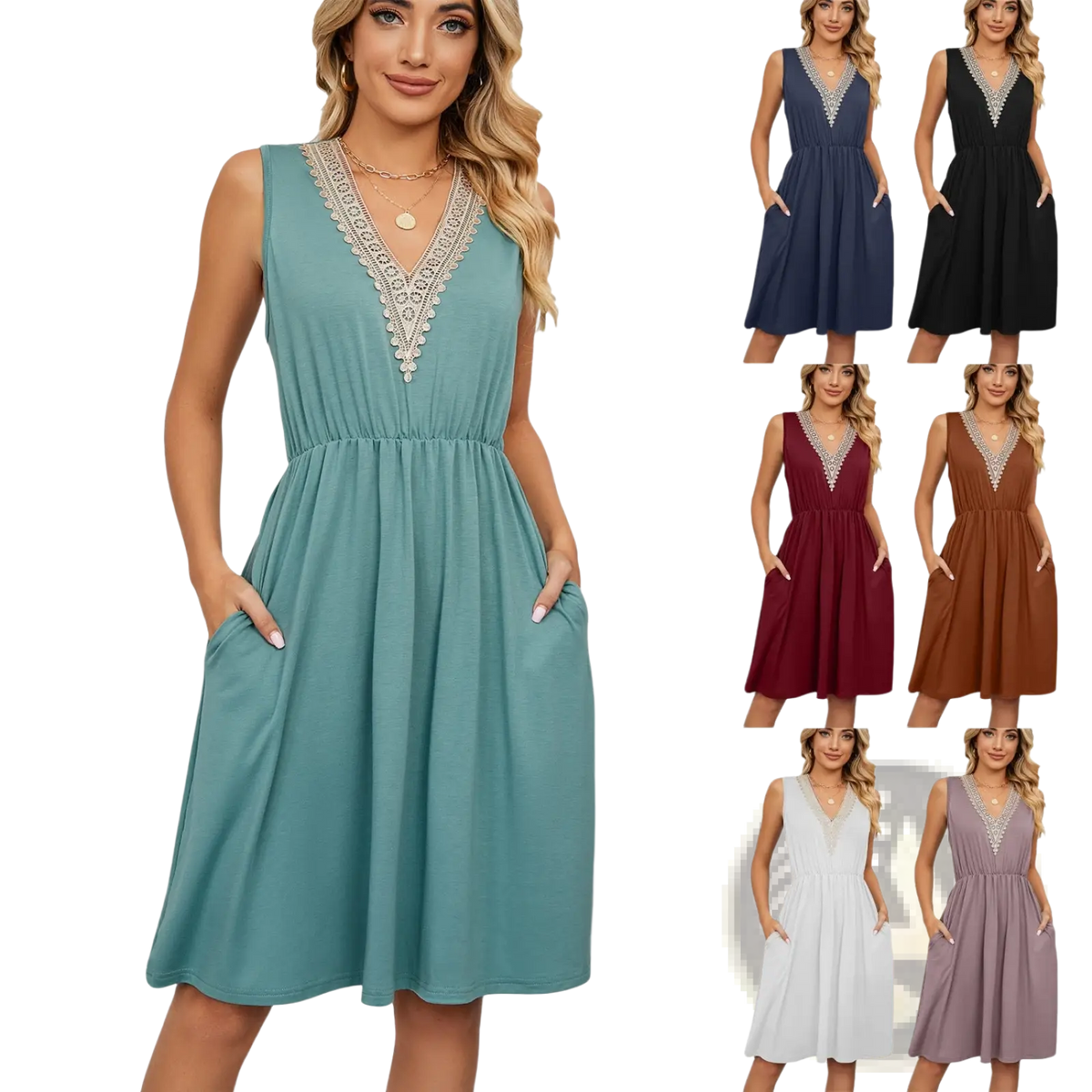 Lace Trim V-neck Sleeveless A-line Dress with Pockets