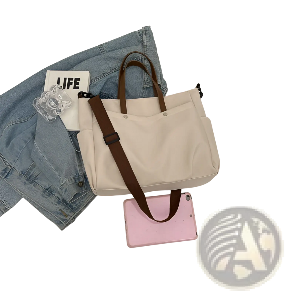 Large Capacity Canvas Tote Bag with Leather Handles