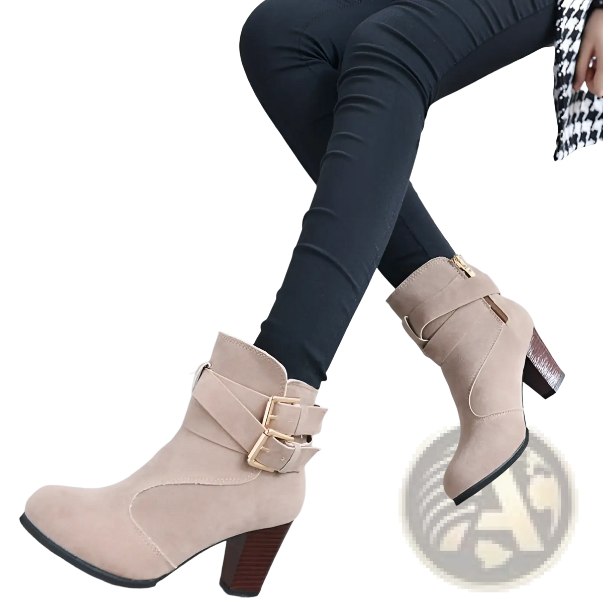 Leather Ankle Boots Gold Buckle Block Heel Pumps