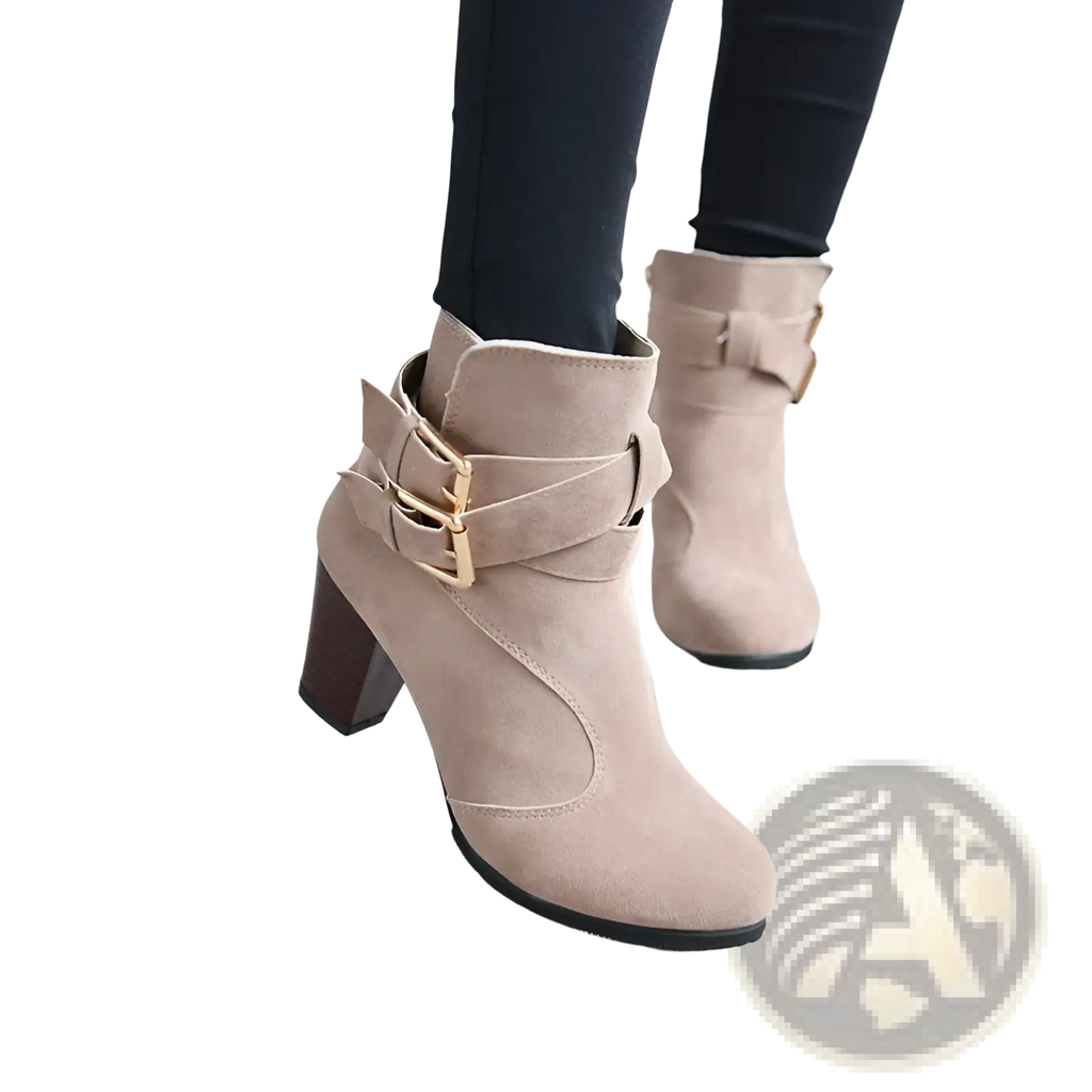 Leather Ankle Boots Gold Buckle Block Heel Pumps